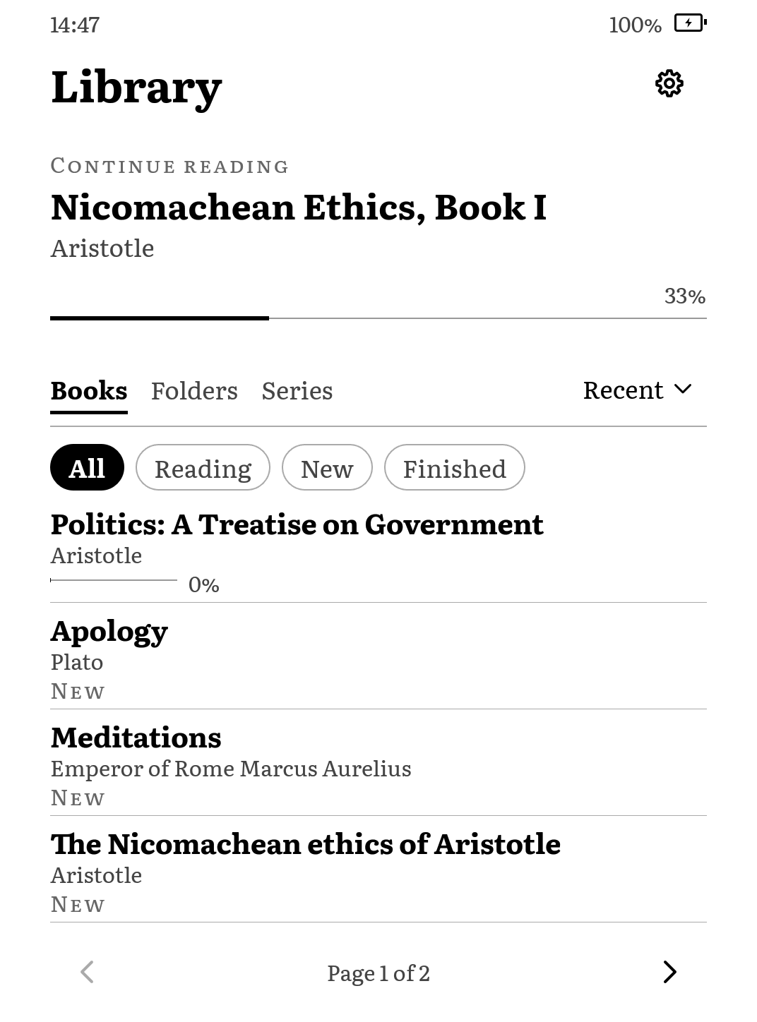 Aristotle's library on a Kindle Paperwhite 4. Open Nicomachean Ethics to try the reader.